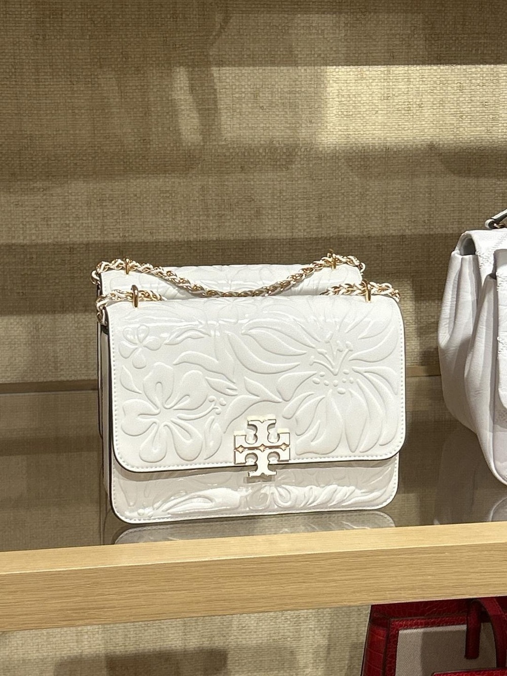 Tory Burch White Floral Embossed Leather Chain Shoulder Bag